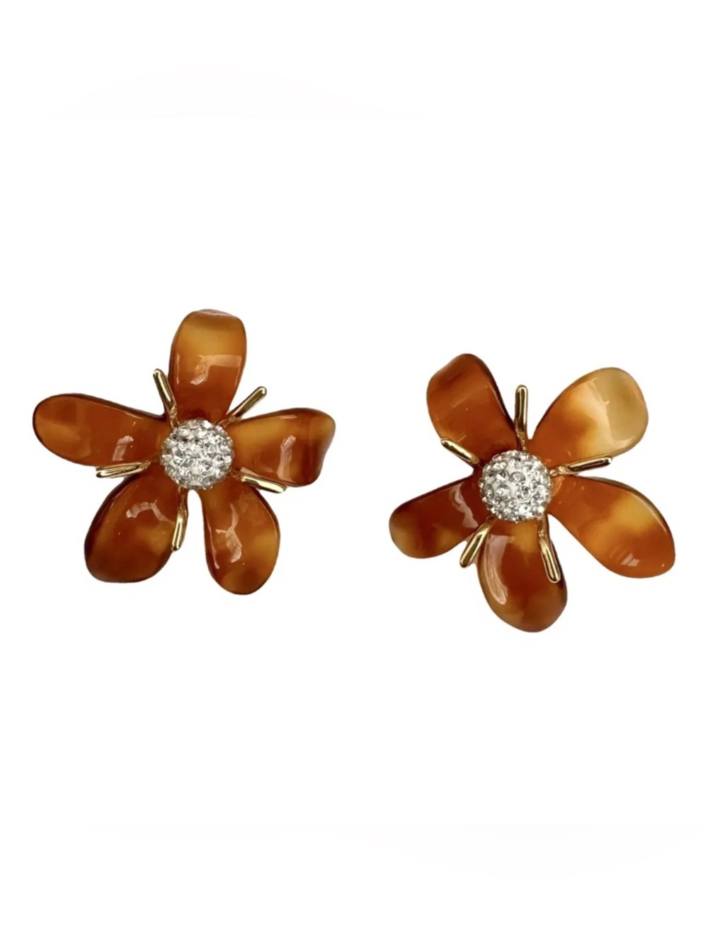 Lele Sadoughi Brown Enamel Flower Stud Earrings with Crystal Centers